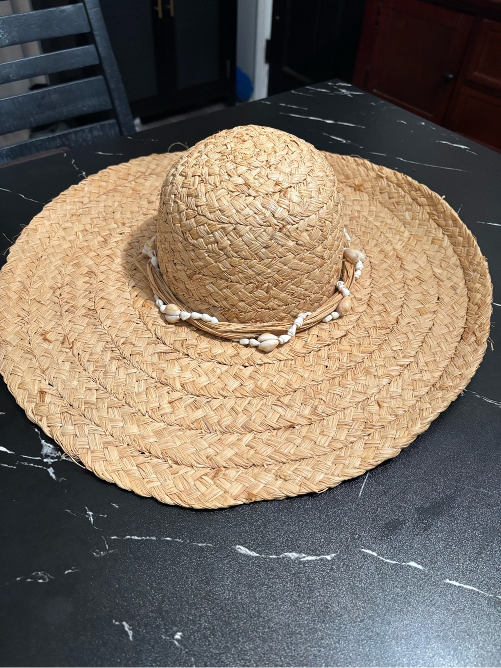 Wide-Brim Straw Sun Hat with Shell Accent - Natural